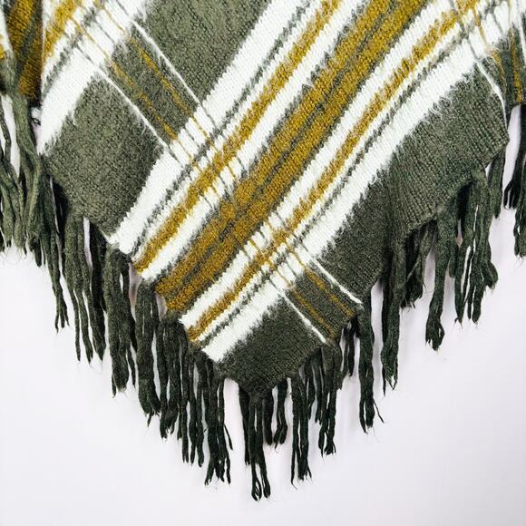 Wooden Ships Poncho Size S/M Mohair Wool‎ Blend Fringed Cowl Neck Green Stripe - Picture 4 of 10